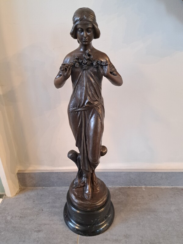 Art nouveau bronze sculpture of woman draped on marble base