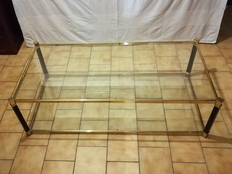 Black lacquered and brass coffee table with glass tops