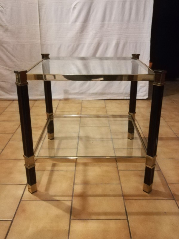 Black lacquered and brass end table with glass tops 
