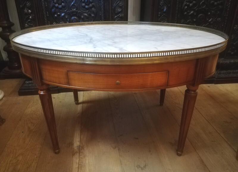 Cherrywood and marble Louis XVI style oval bouillotte coffee table