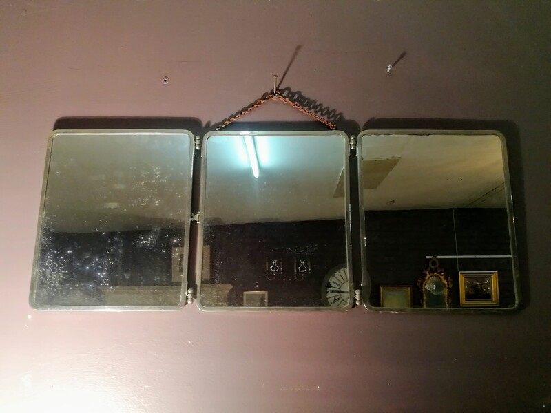 Chromed metal barber triptych mirror