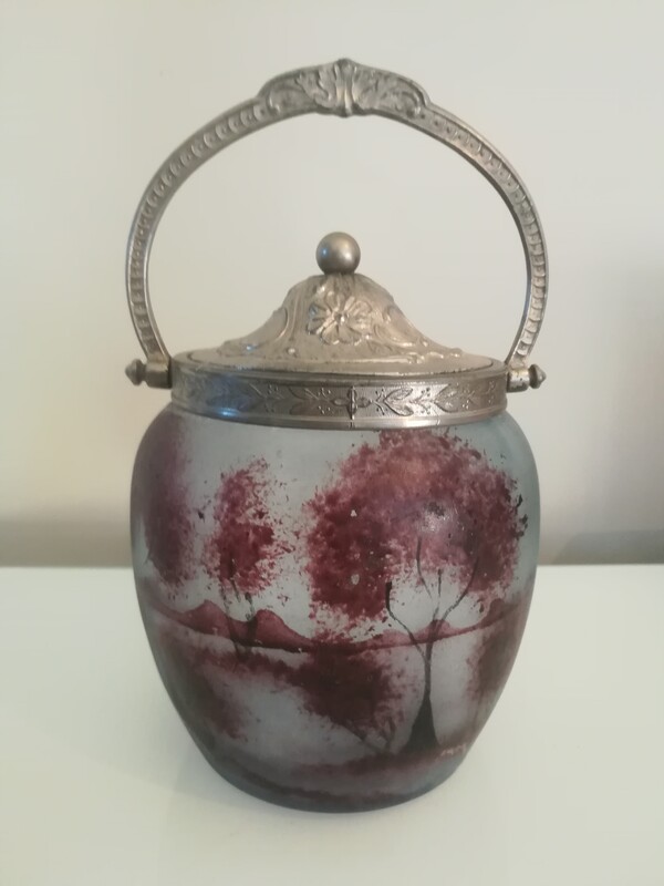 Enamel glass and silvered spelter biscuits bucket