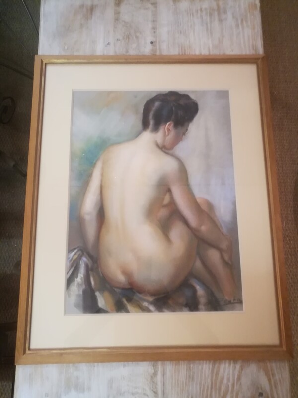 Female nude from behind on paper pastel in glass oak frame