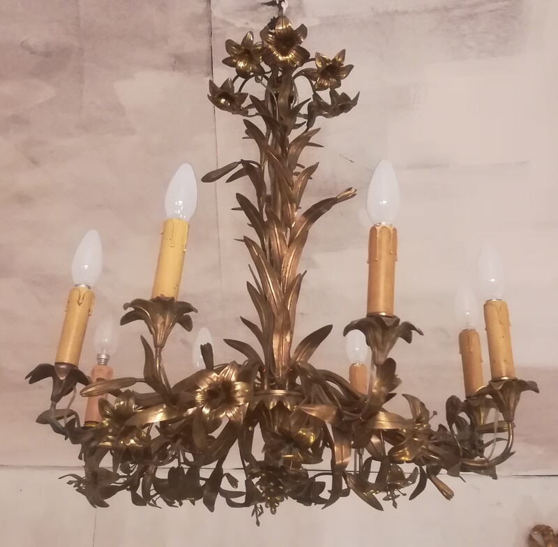 gilded Bronze and brass lilies and leaves chandelier