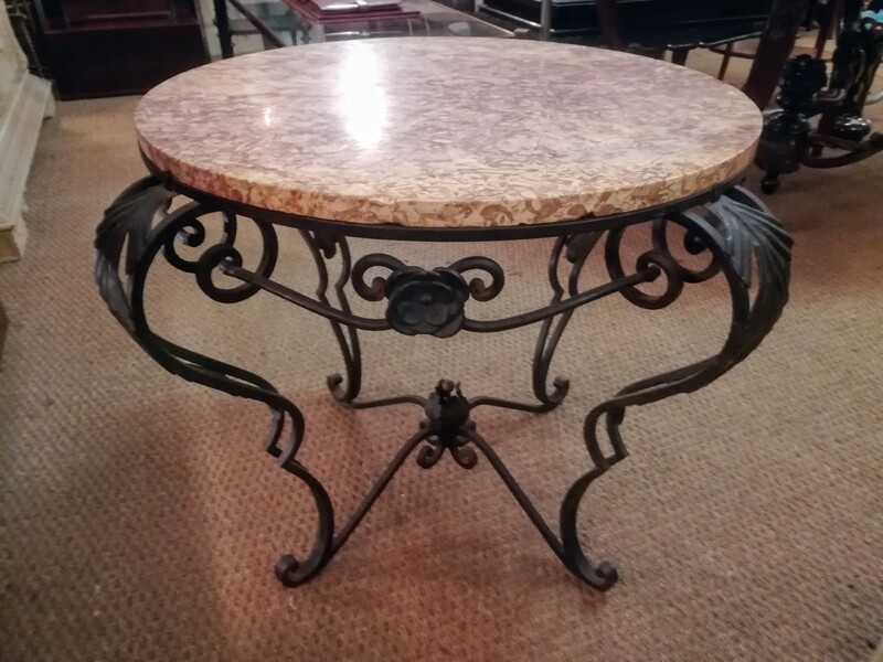 Iron wrought and marble top round coffee table