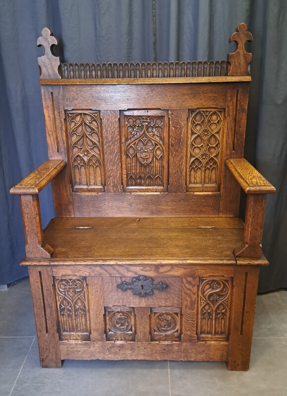 Large oak carved neogothic trunk armchair 