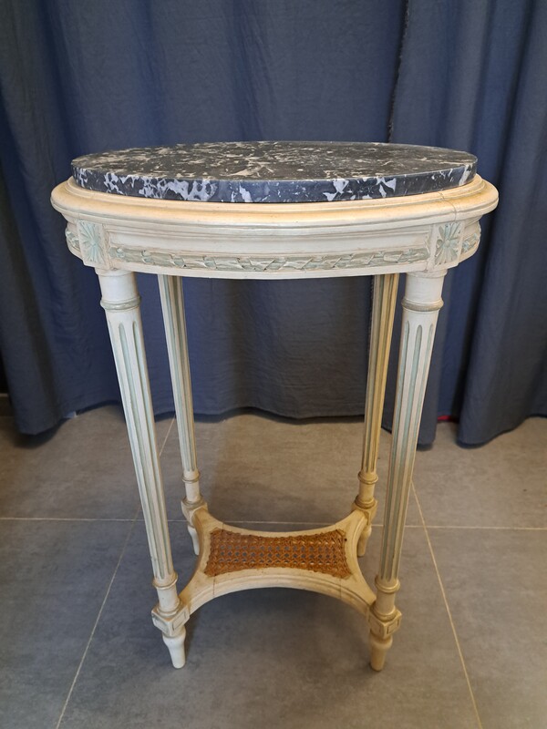 Louis XVI style caned and marble top painted side table