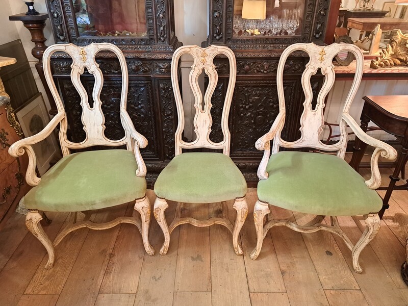 Painted wood and fabric pair of baroque armchairs and 1 chair 