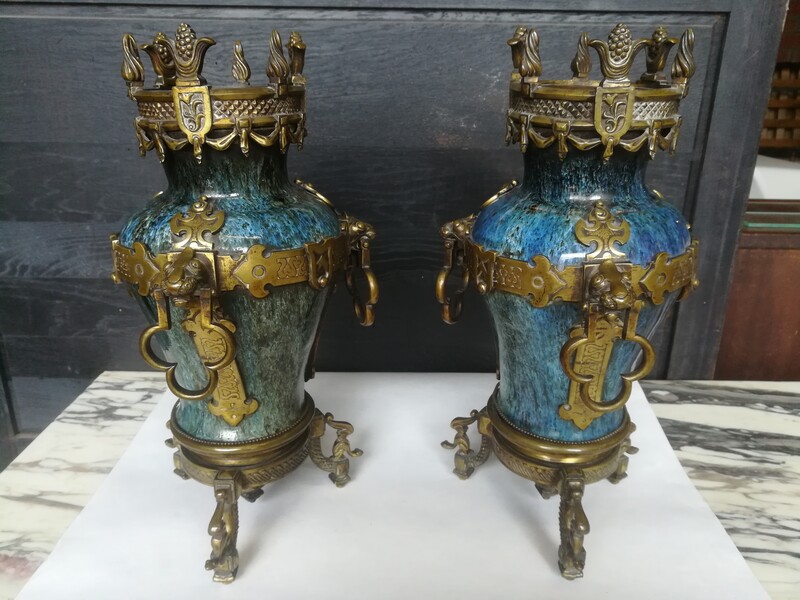 Pair of ceramic and bronze medieval vases