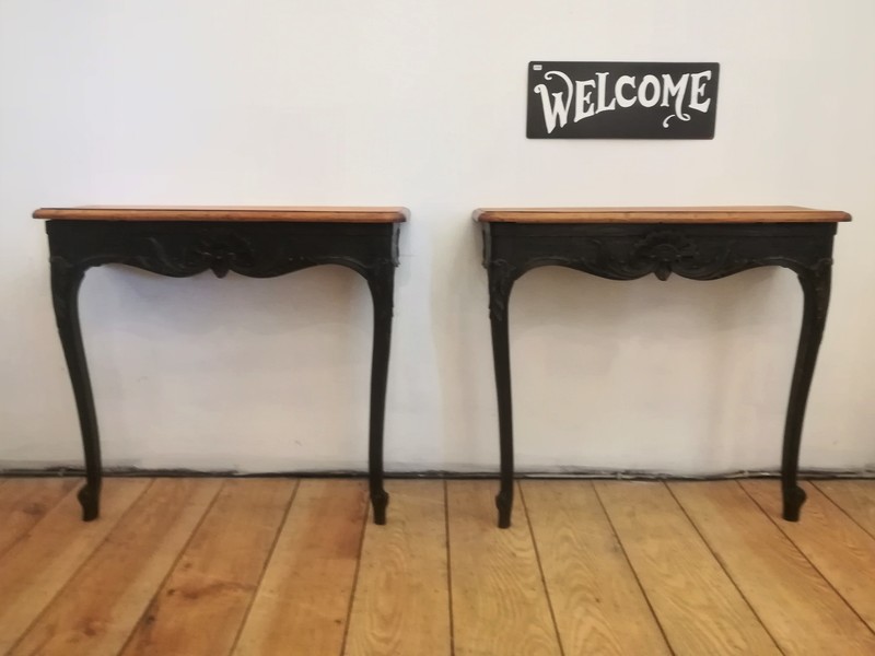 Pair of elm Louis XV style painted consoles 