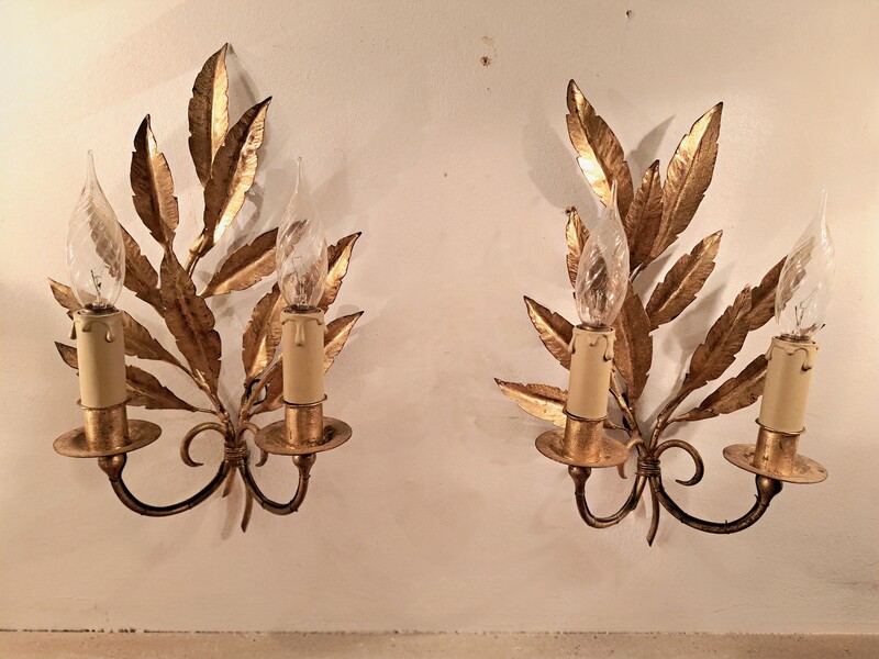 Pair of gold-plated metal leaf wall sconces