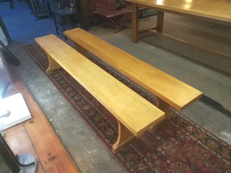 Pair of light oak varnished benches   