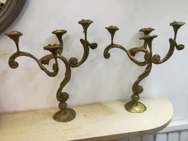 Pair of signed art nouveau style gilt bronze candelabra