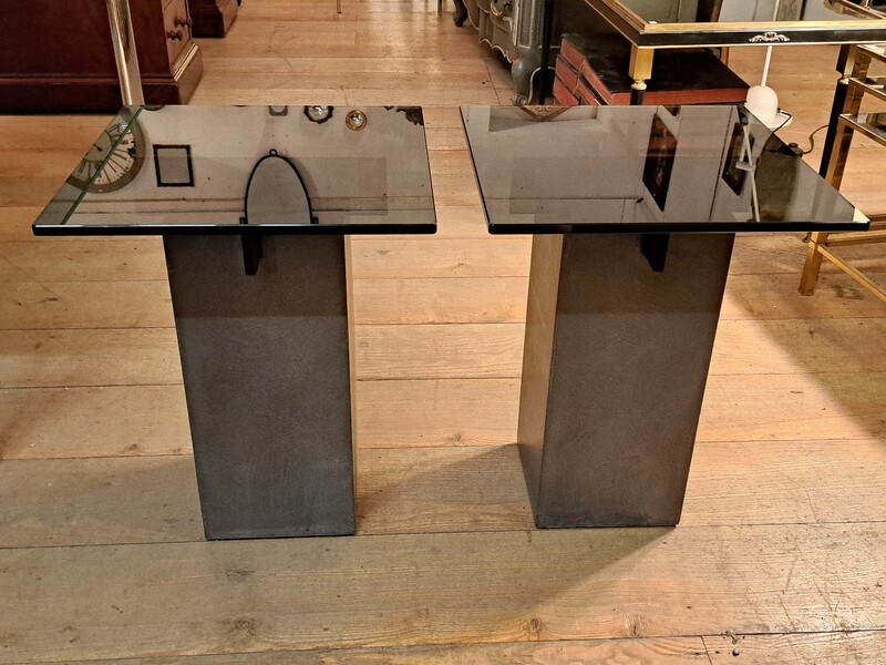 Pair of “Ténéré” concrete effect and black smoked glass side tables