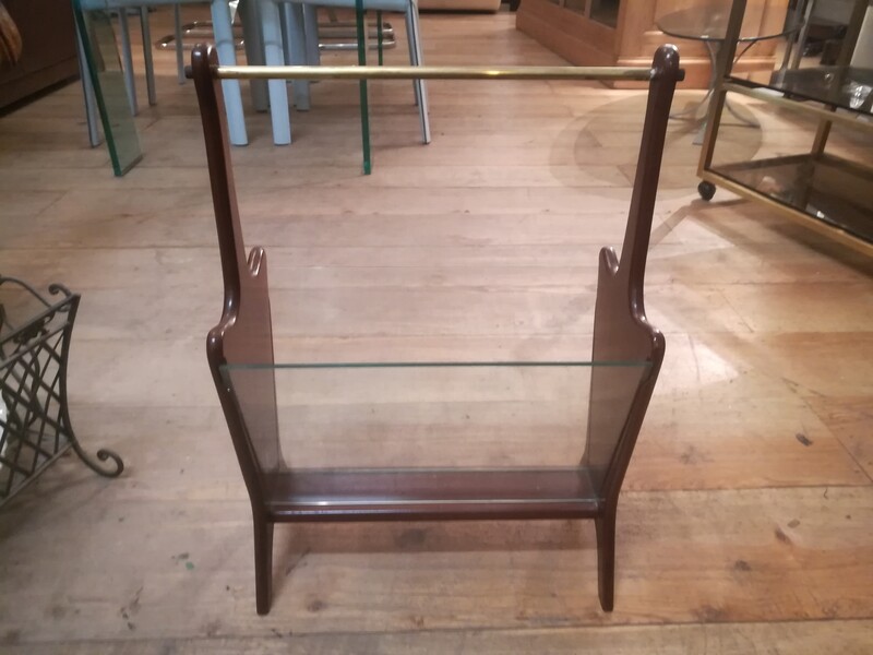 Scandinavian teak, glass and brass magazine rack